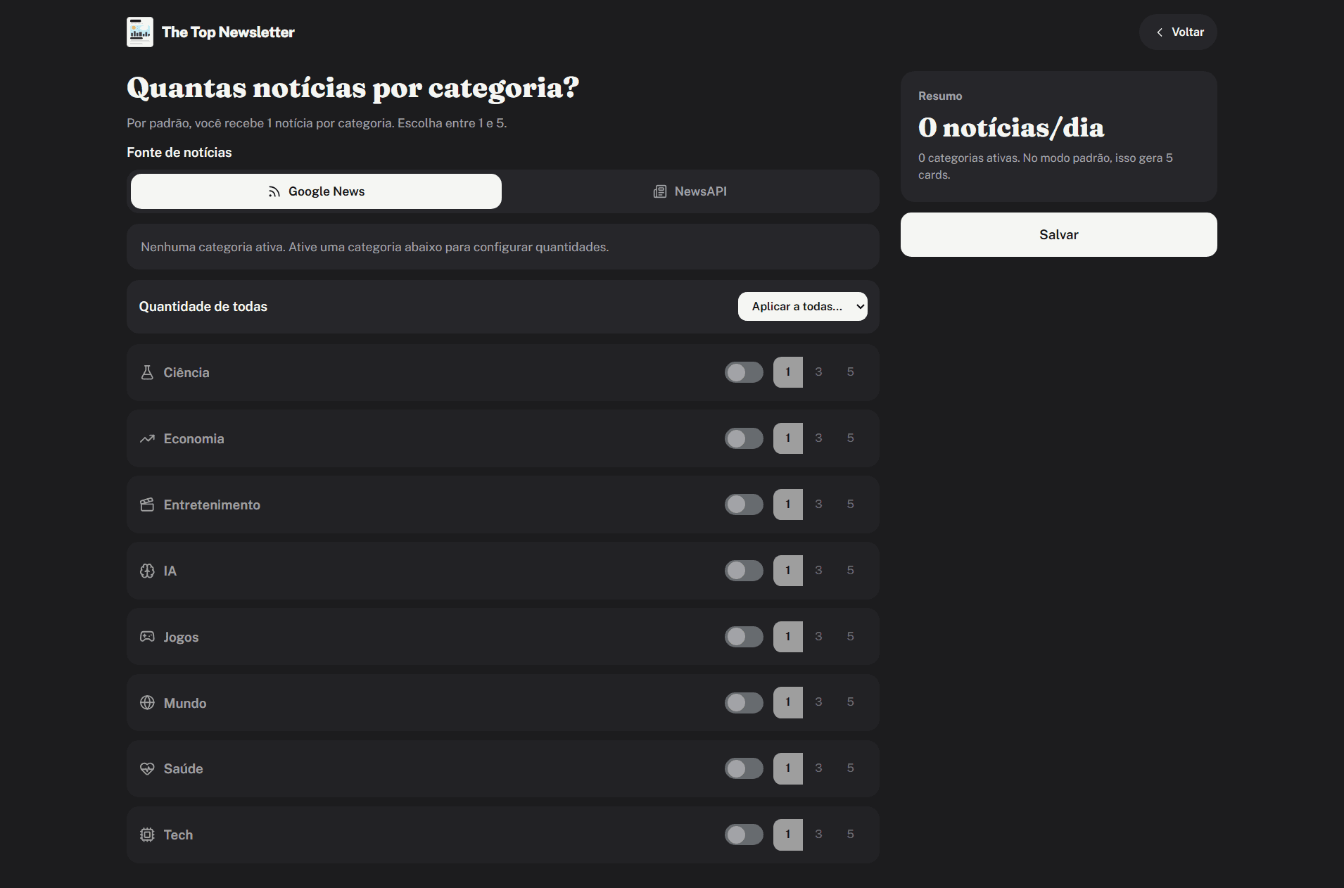 Seleção de categorias no The Top Newsletter