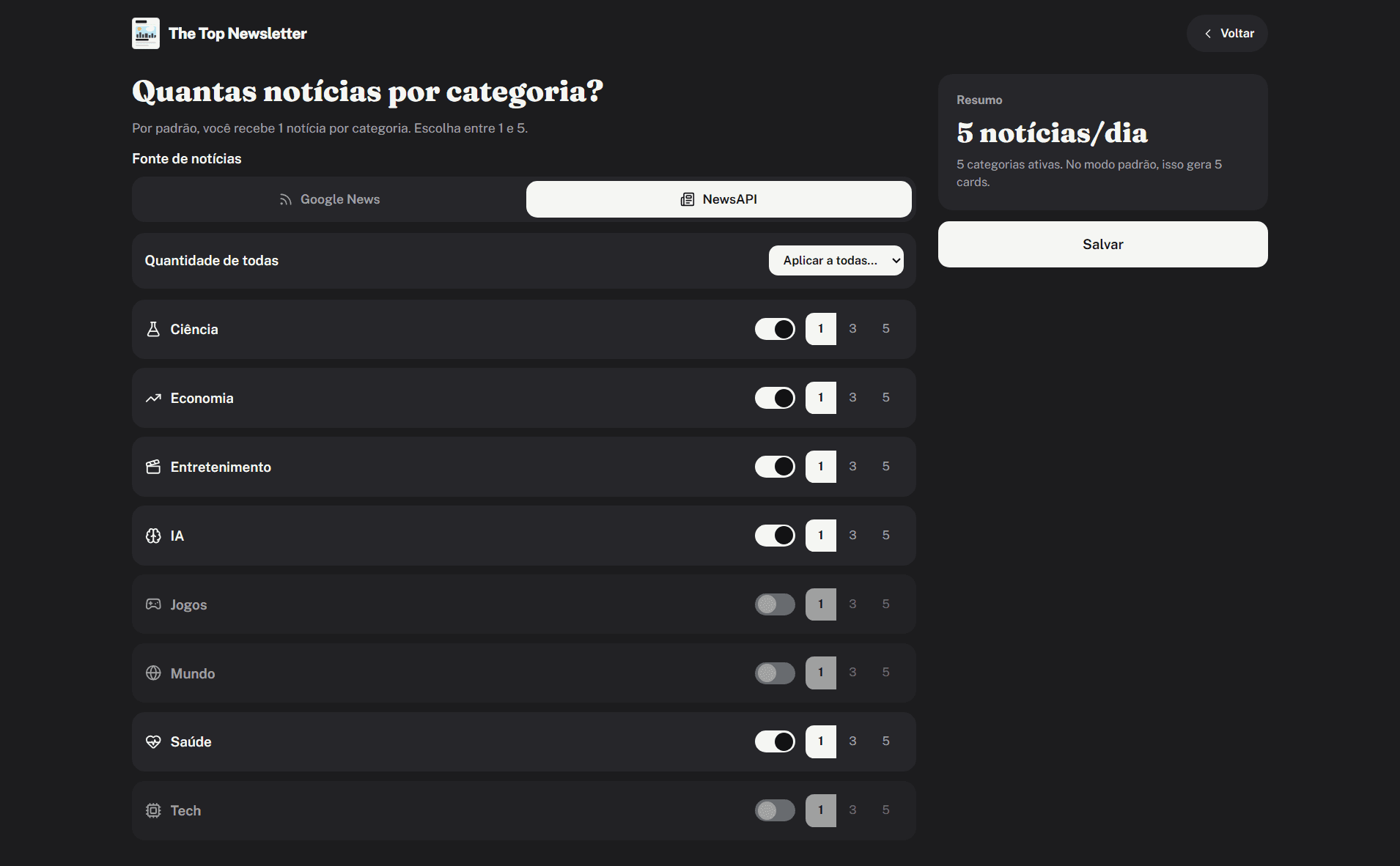 Ajuste de quantidade por categoria no The Top Newsletter